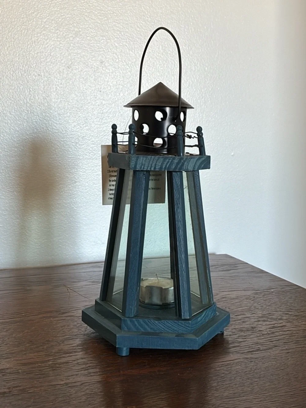 BNIB- Hand Painted- Blue Wood & Wire Lighthouse Candle Holder